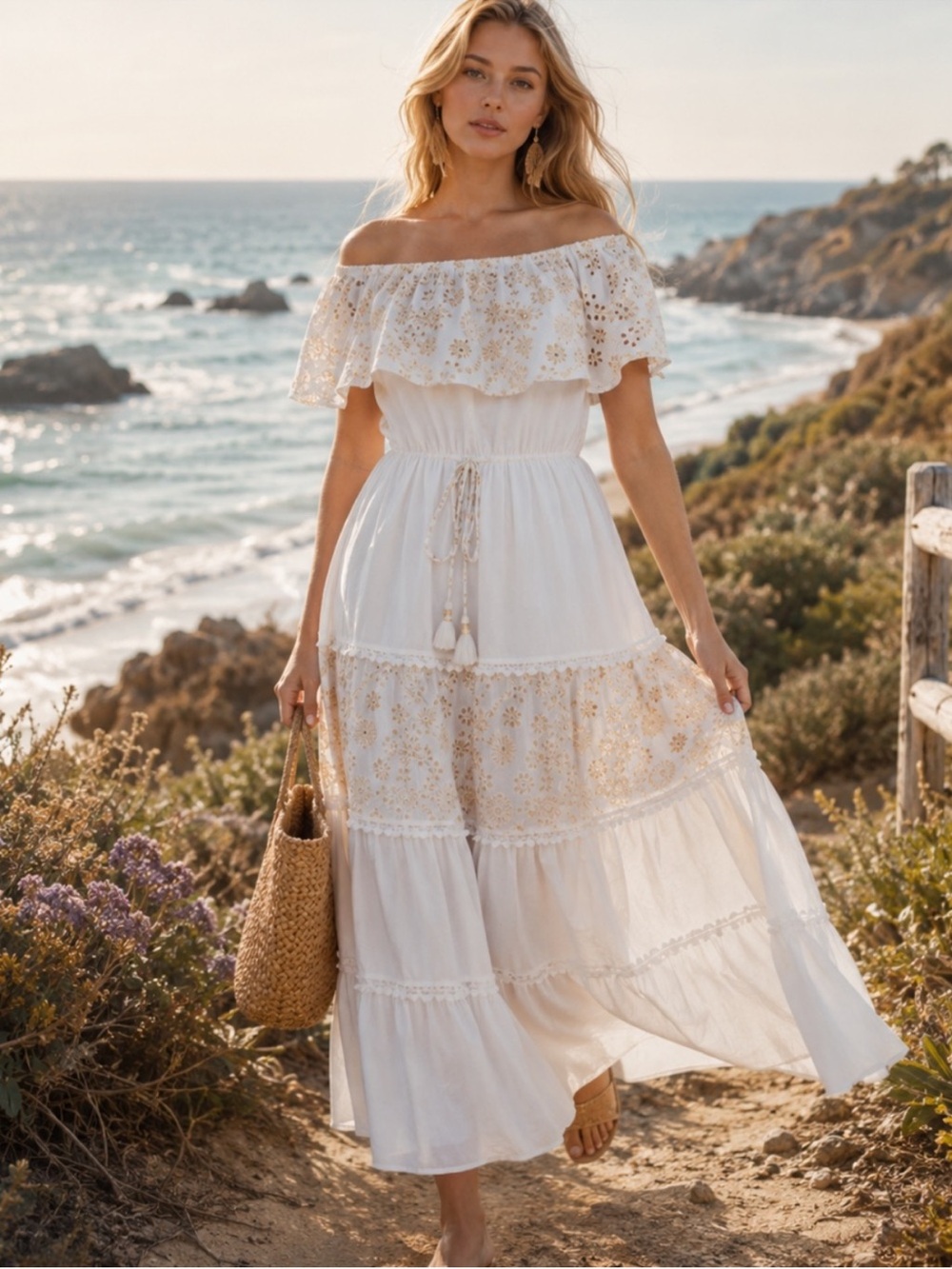 Boho White & Beige Embroidered Cotton Maxi Dress Size S Tiered Maxi Dress Resort